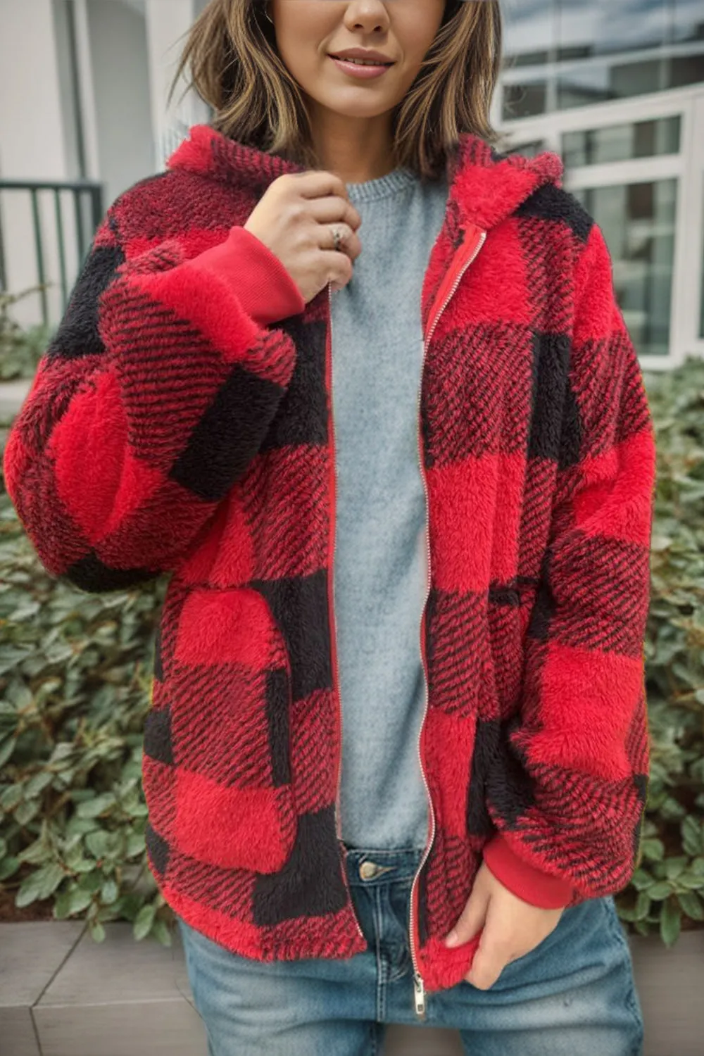 Double Take Full Size Plaid Long Sleeve Hooded Coat - 4 Colors