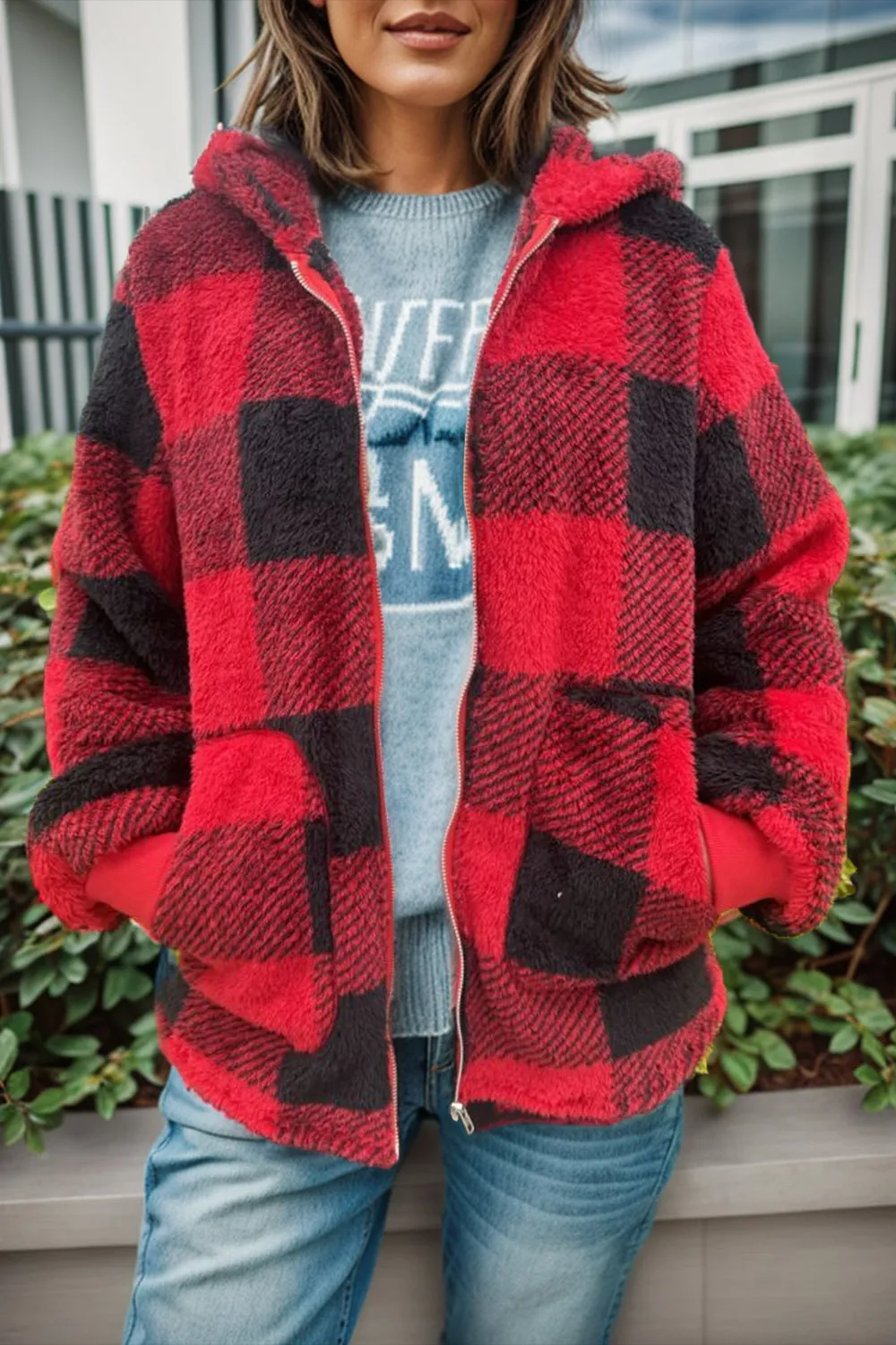 Double Take Full Size Plaid Long Sleeve Hooded Coat - 4 Colors