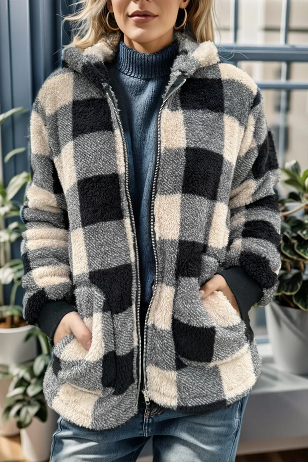 Double Take Full Size Plaid Long Sleeve Hooded Coat - 4 Colors