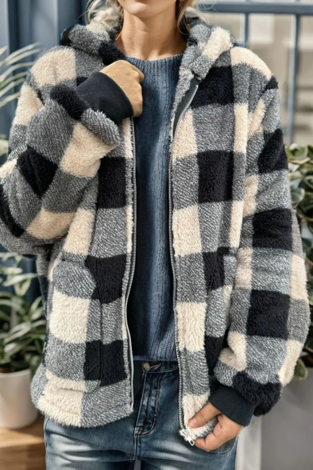 Double Take Full Size Plaid Long Sleeve Hooded Coat - 4 Colors