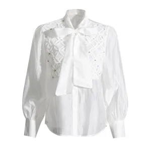 Elegant White Shirt For Women Bowknot Collar Long Sleeve Solid Minimalist Casual Blouses Female Autumn Clothing