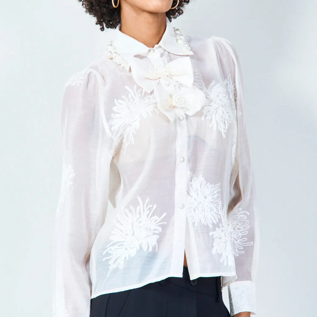 Embellished pearl collar blouse with floral embroidery wholesale