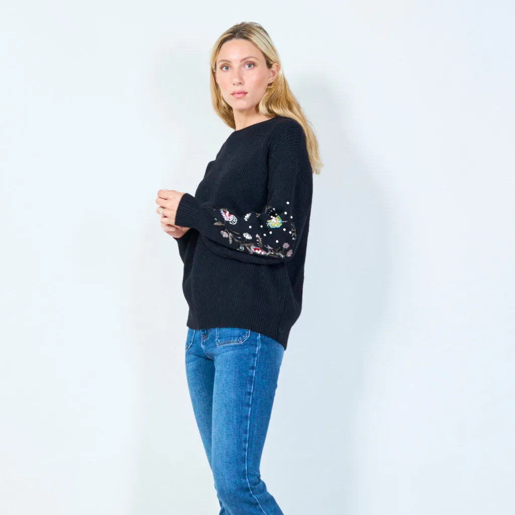 Embellished sweater with floral sleeves wholesale