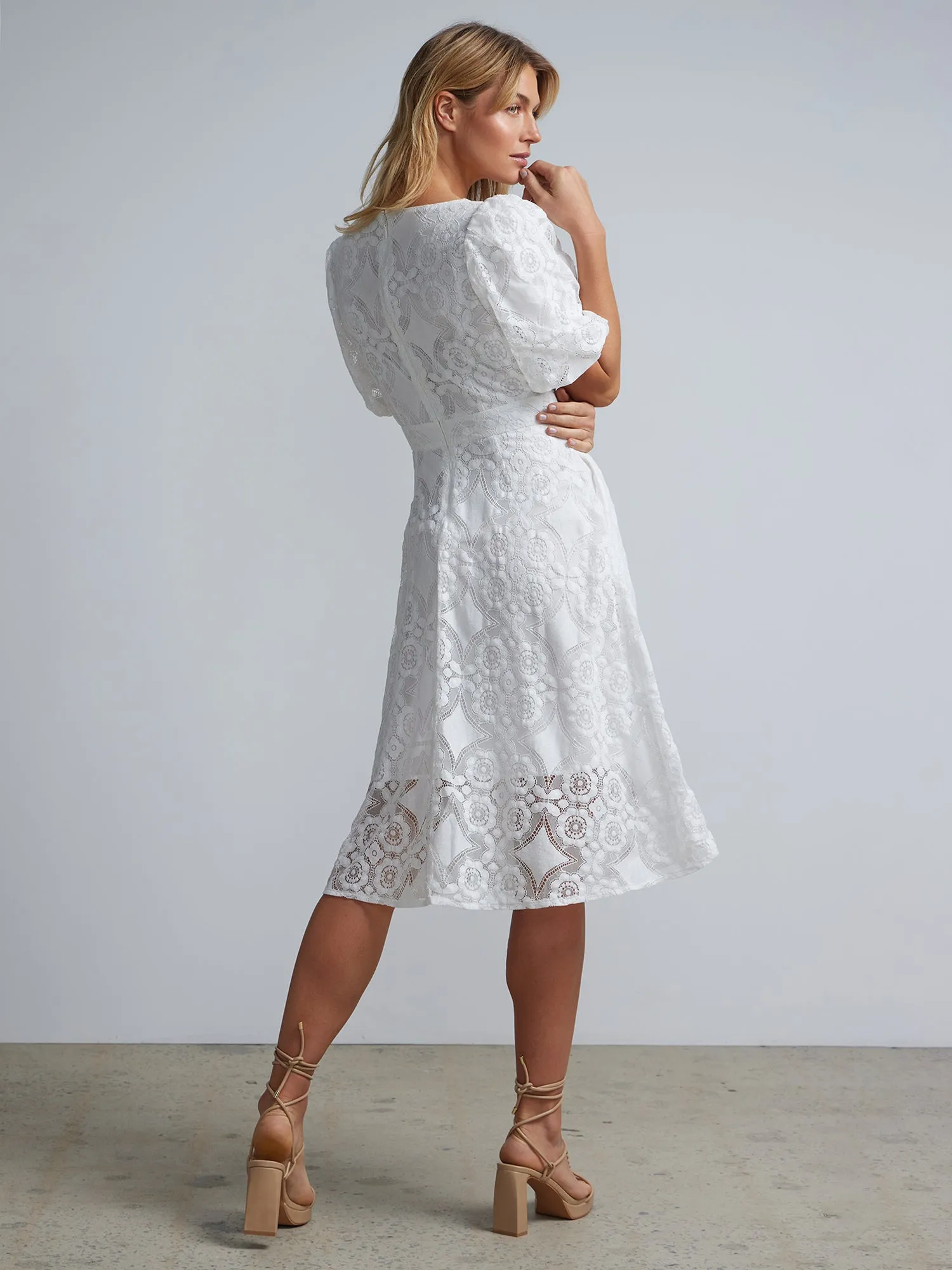 Eyelet Puff-Sleeve Midi Dress