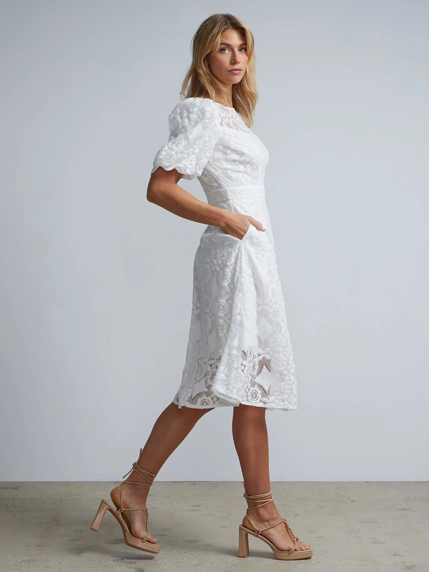 Eyelet Puff-Sleeve Midi Dress