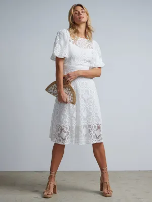 Eyelet Puff-Sleeve Midi Dress