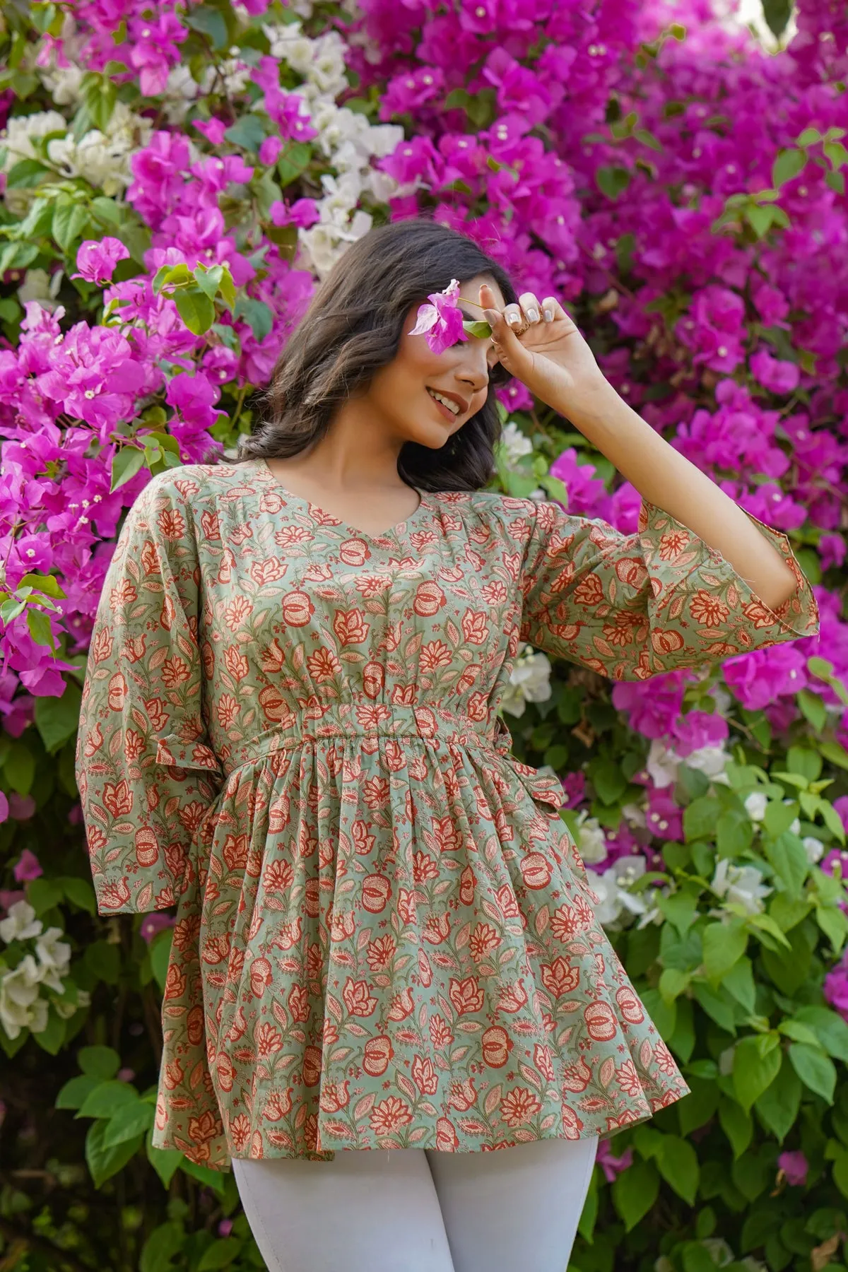 Floral Mosaic on Light Green Short Kurti