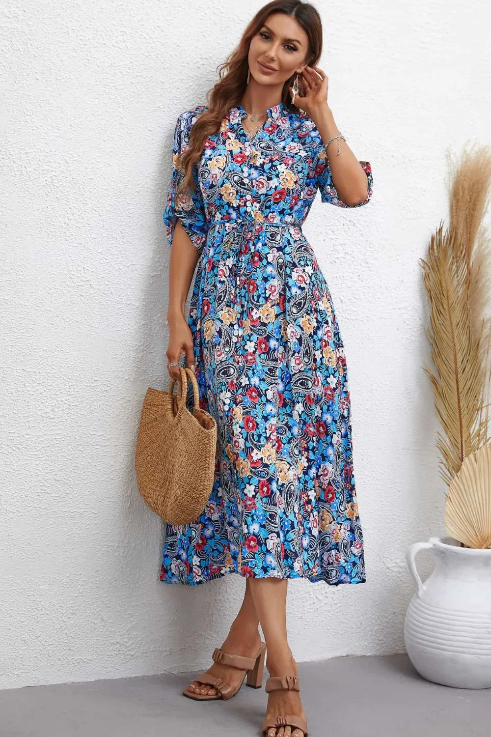 Floral Notched Neck Half Sleeve Dress