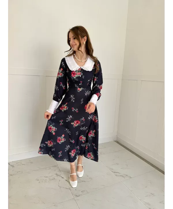 Floral Pattern Peter Pan Collar Midi Dress SBC-043