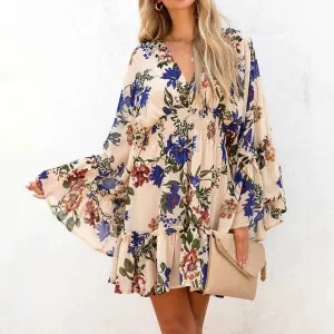 Floral Print Long Sleeve Ruffles Vintage Loose Summer Hot Selling Casual Fashion Dress