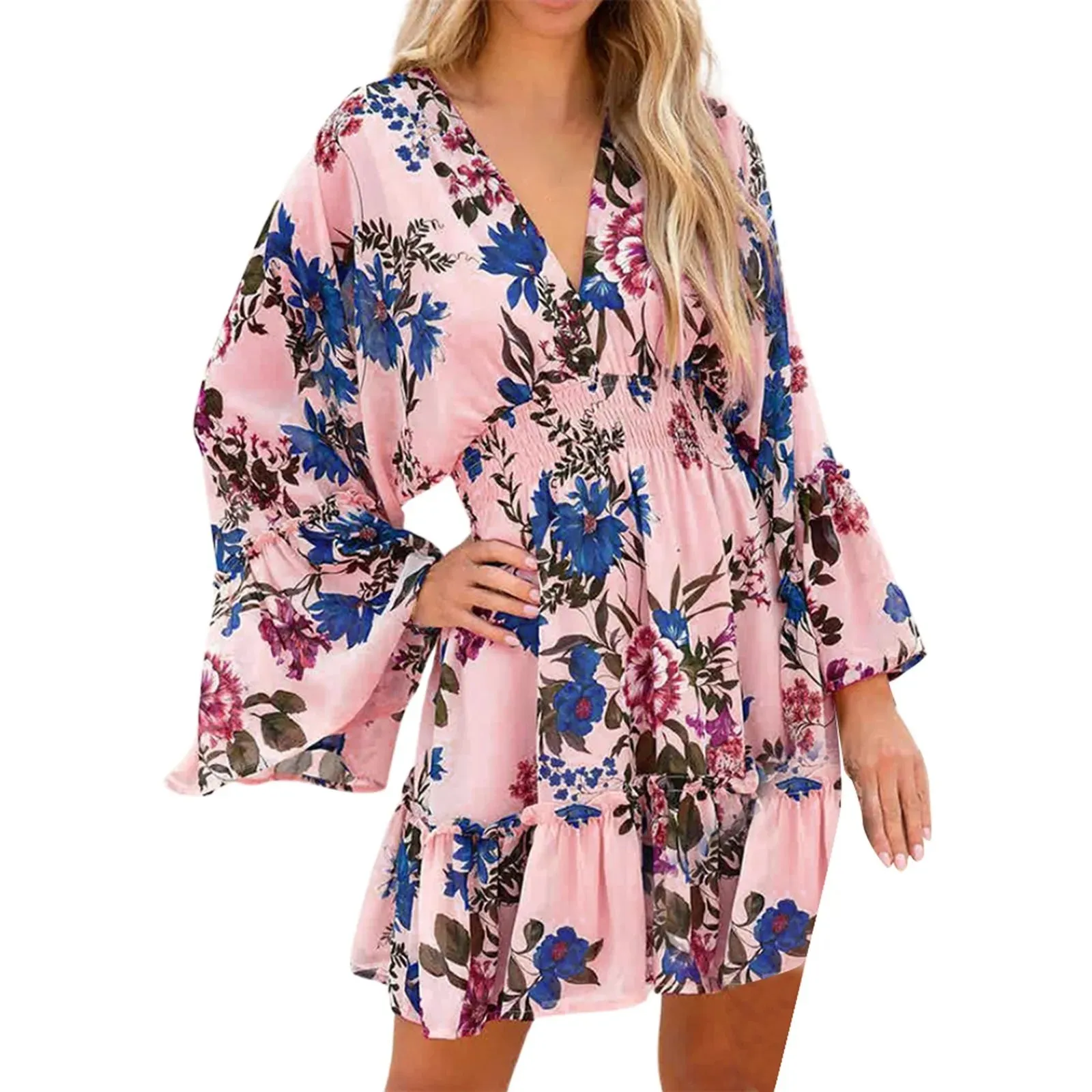 Floral Print Long Sleeve Ruffles Vintage Loose Summer Hot Selling Casual Fashion Dress