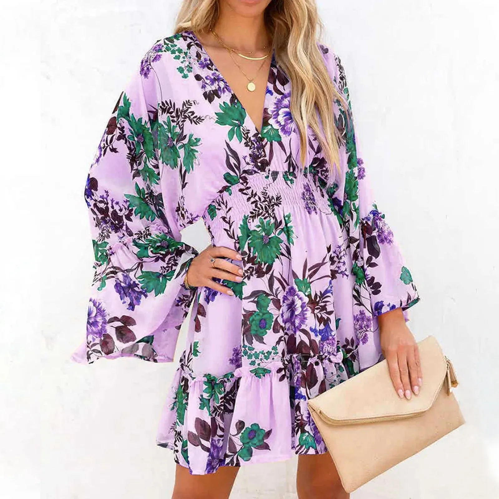 Floral Print Long Sleeve Ruffles Vintage Loose Summer Hot Selling Casual Fashion Dress