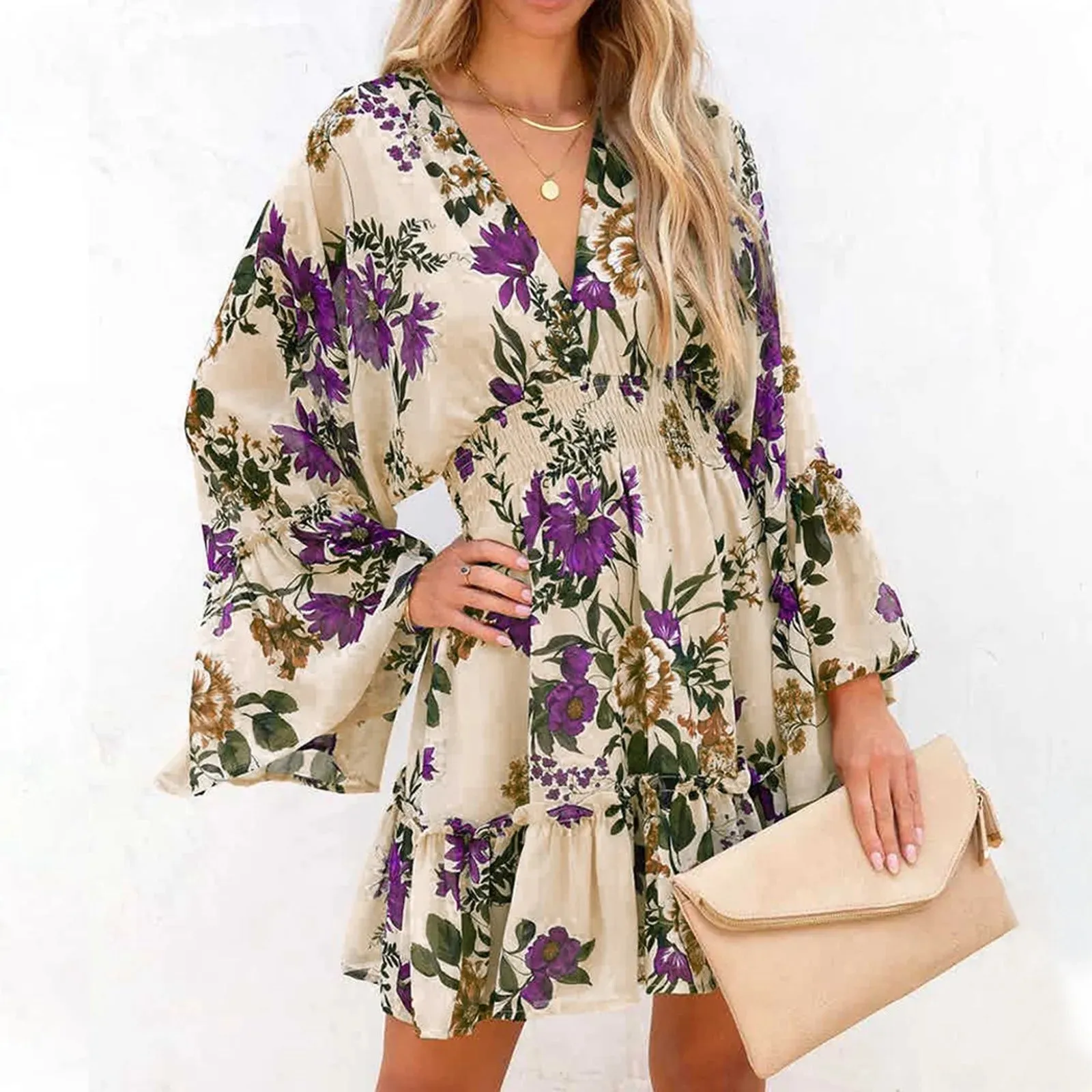 Floral Print Long Sleeve Ruffles Vintage Loose Summer Hot Selling Casual Fashion Dress