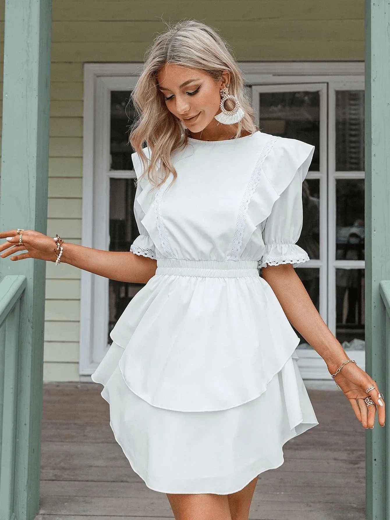 Flounce Sleeve Shirred Waist Ruffle Detail Layered Hem Dress