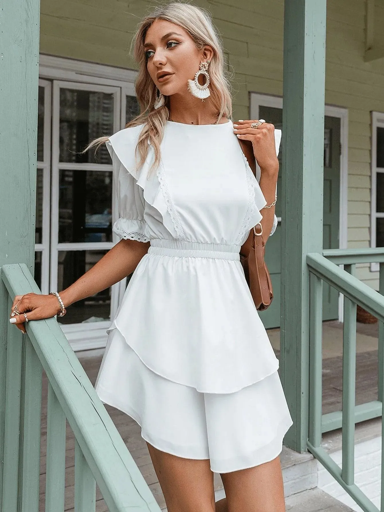 Flounce Sleeve Shirred Waist Ruffle Detail Layered Hem Dress