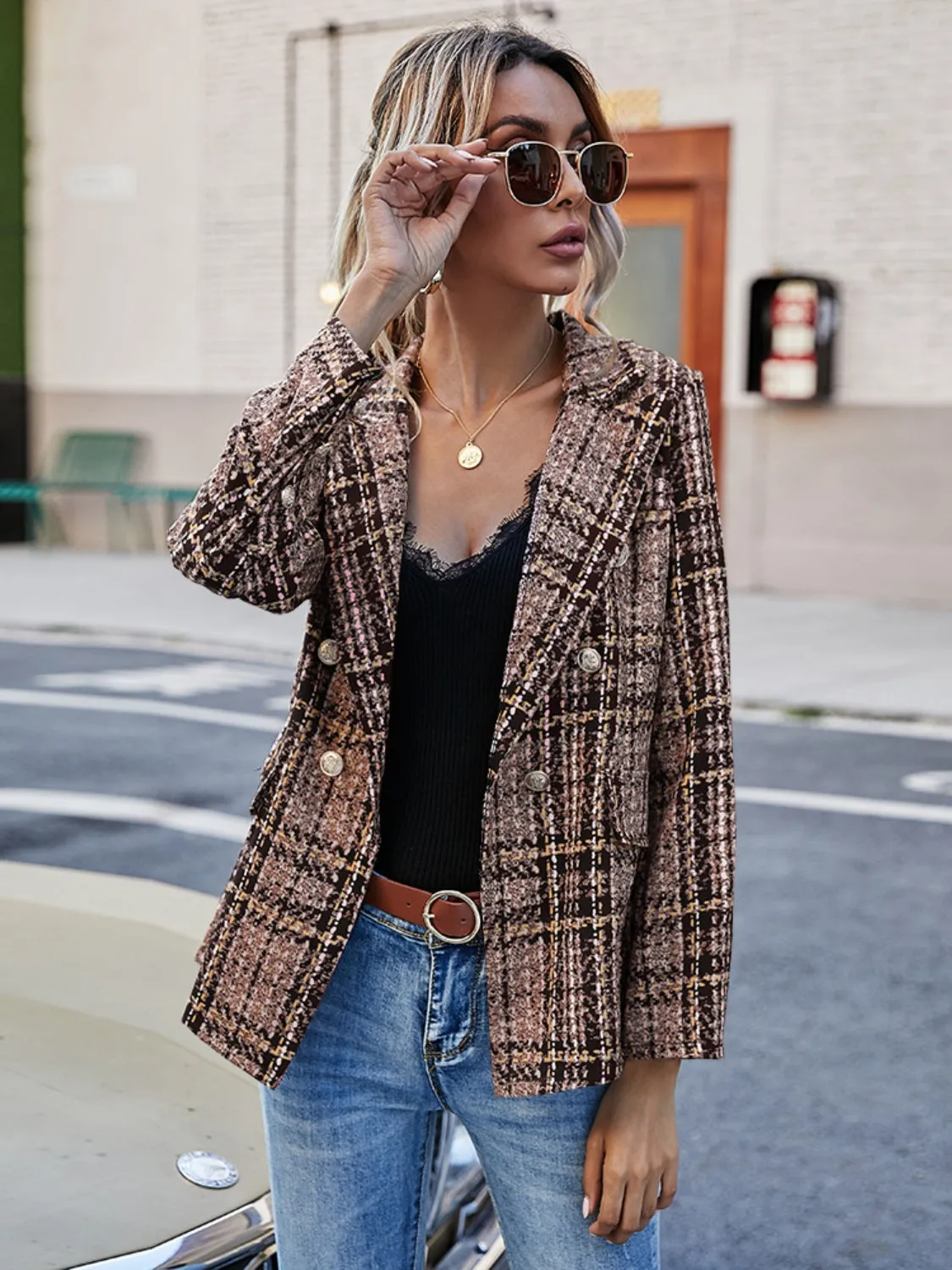 Full Size Plaid Lapel Collar Blazer