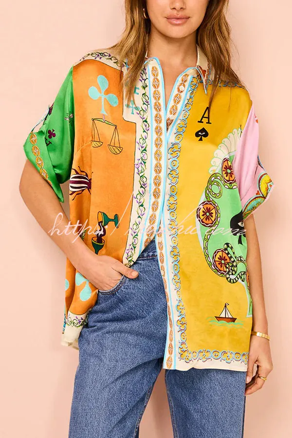 Funny Poker Summer Satin Unique Print Button Down Oversized Blouse