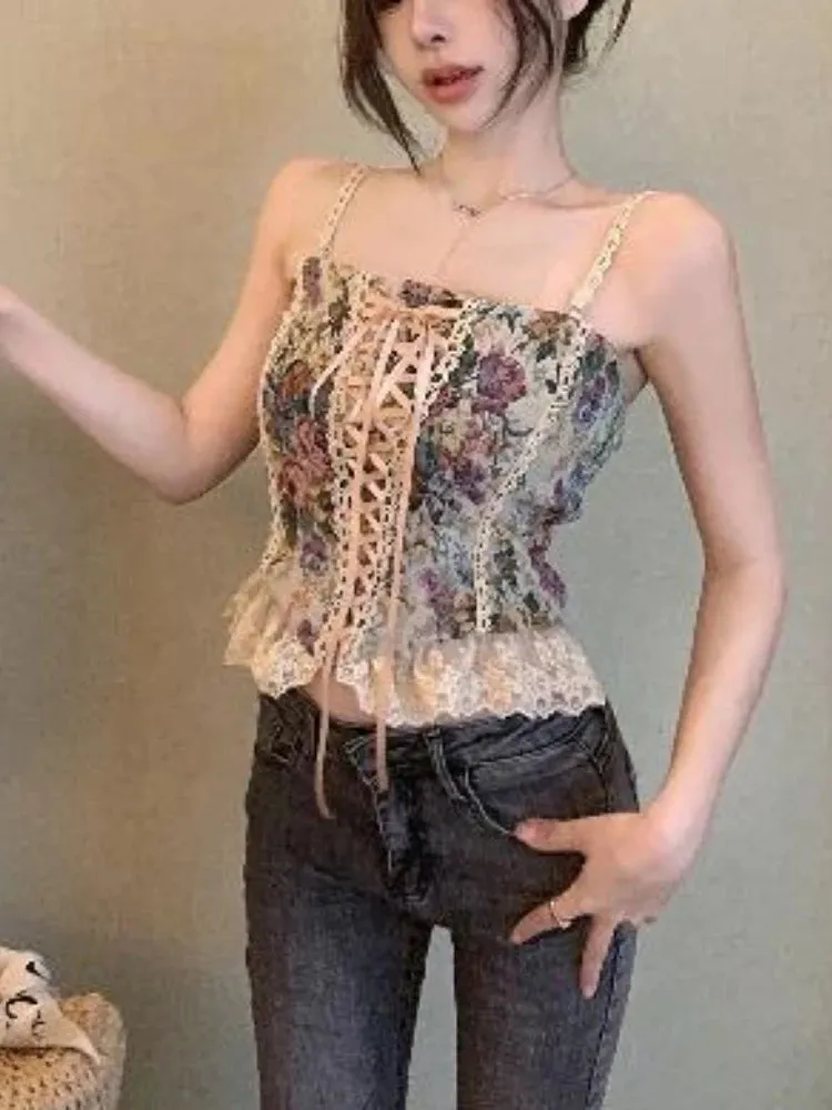 Girlary France Vintage Print Sleeveless Tops Women Lace Elegant Party Princess Strap Top Female Korean Style Sweet Clothing Summer