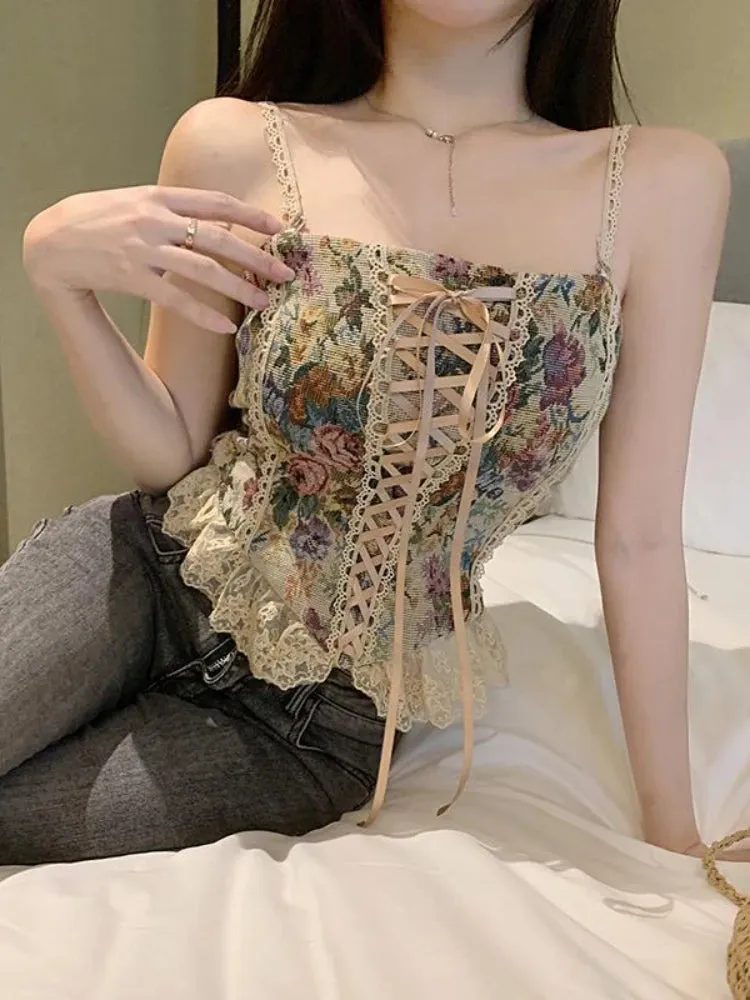 Girlary France Vintage Print Sleeveless Tops Women Lace Elegant Party Princess Strap Top Female Korean Style Sweet Clothing Summer