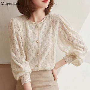 Graduation Gifts   Elegant Lace Crochet Women's Blouse Sweet Autumn Vintage Flowers Button Shirt O Neck Casual Loose Long Sleeve Blouses Tops 16619