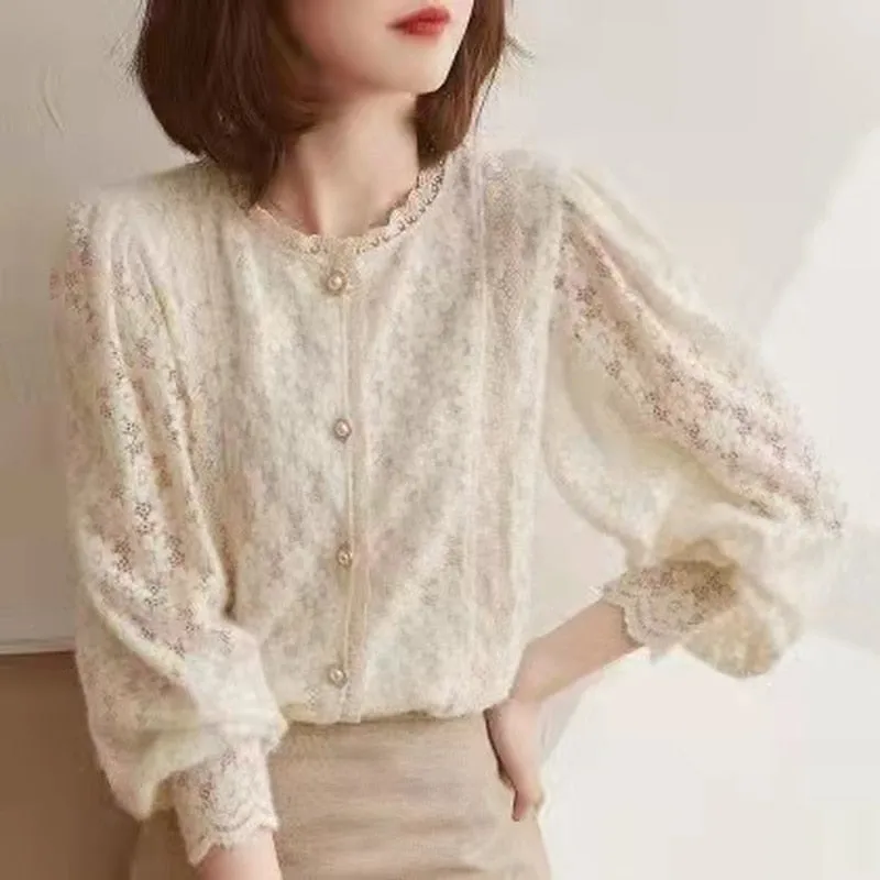 Graduation Gifts   Elegant Lace Crochet Women's Blouse Sweet Autumn Vintage Flowers Button Shirt O Neck Casual Loose Long Sleeve Blouses Tops 16619