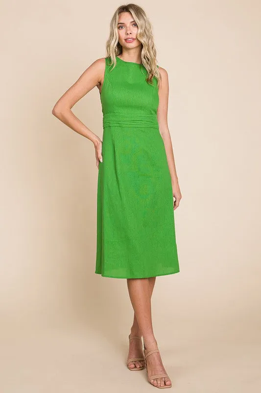 Green Sleeveless Tied Backless Pleated Midi Linen Dress