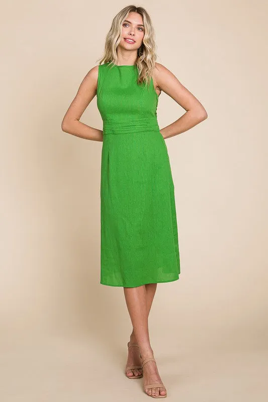 Green Sleeveless Tied Backless Pleated Midi Linen Dress