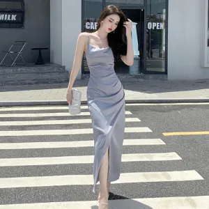 Green Summer Stain Long Dress with Slit Evening Dress  427