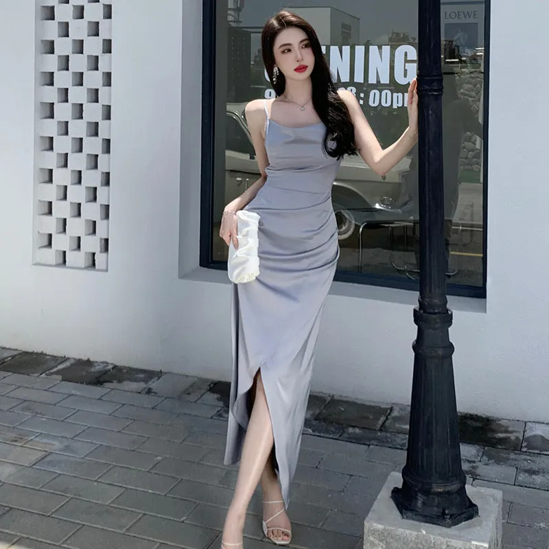 Green Summer Stain Long Dress with Slit Evening Dress  427