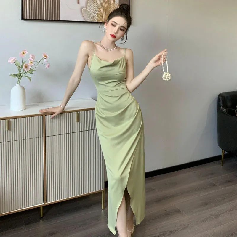 Green Summer Stain Long Dress with Slit Evening Dress  427