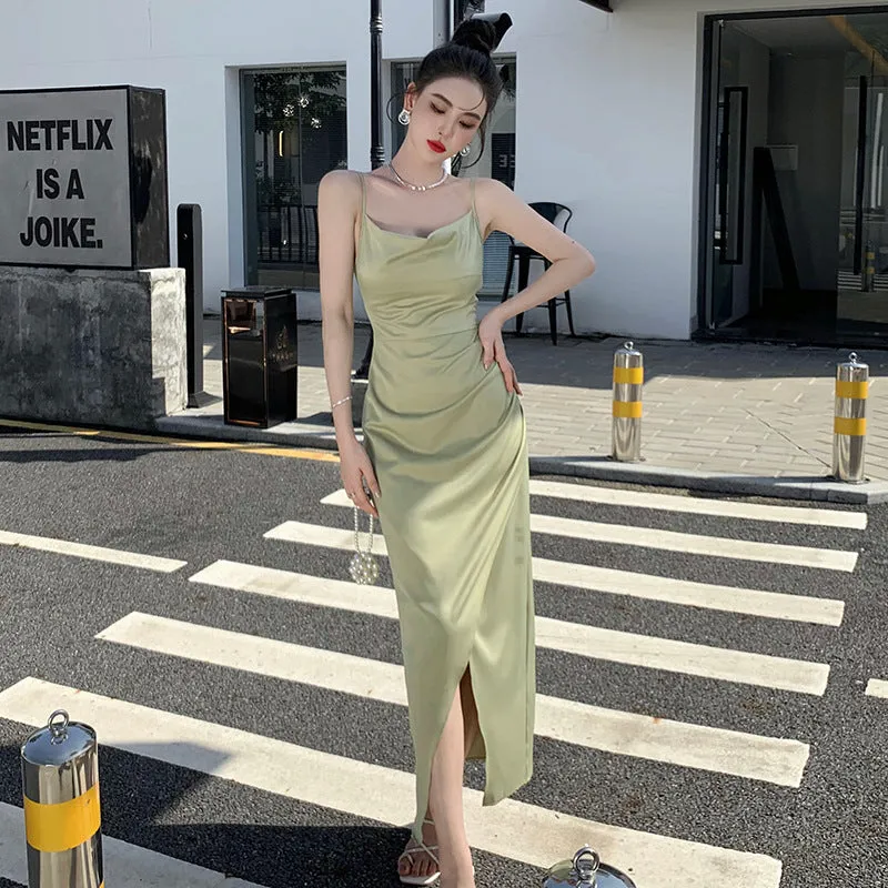 Green Summer Stain Long Dress with Slit Evening Dress  427