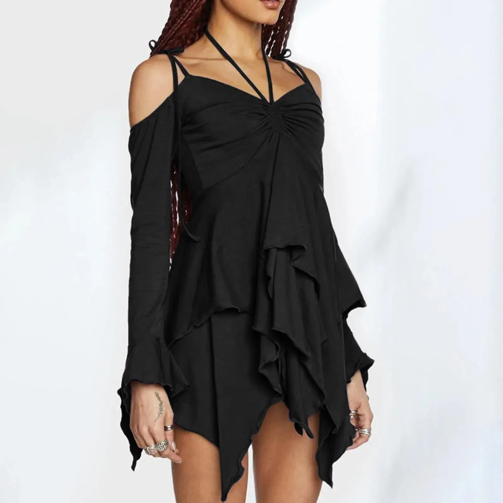 Halloween Solid Color Off-the-shoulder Short Flared Sleeve Halter Neck Patchwork Casual Evening Dress