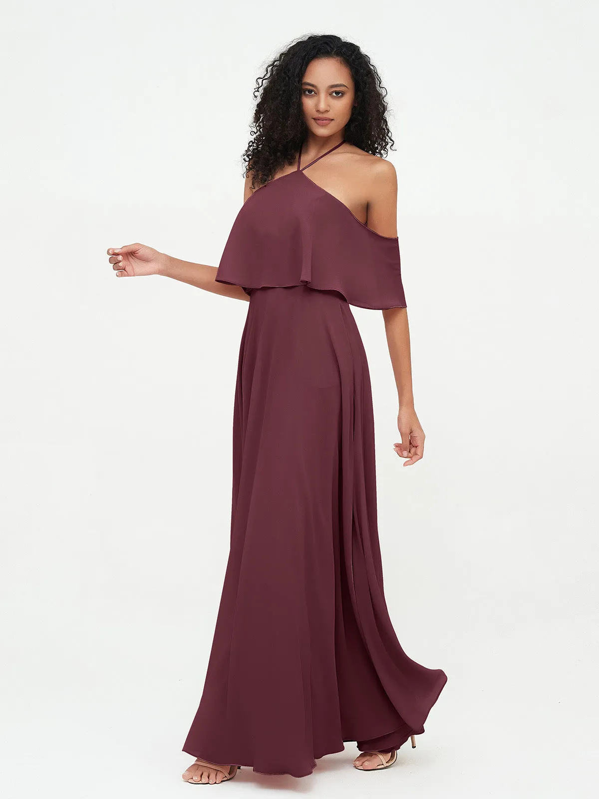 Halter Off the Shoulder Max Dresses with Pockets-Cabernet Plus Size