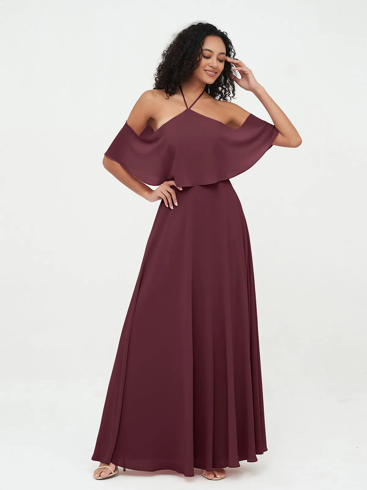 Halter Off the Shoulder Max Dresses with Pockets-Cabernet Plus Size