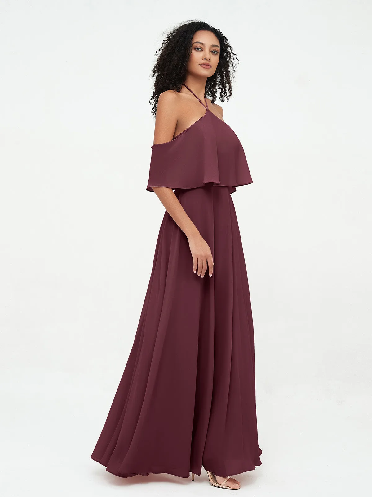 Halter Off the Shoulder Max Dresses with Pockets-Cabernet Plus Size