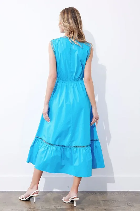 Hawaiian Blue Ladder Trim Detail Poplin Dress