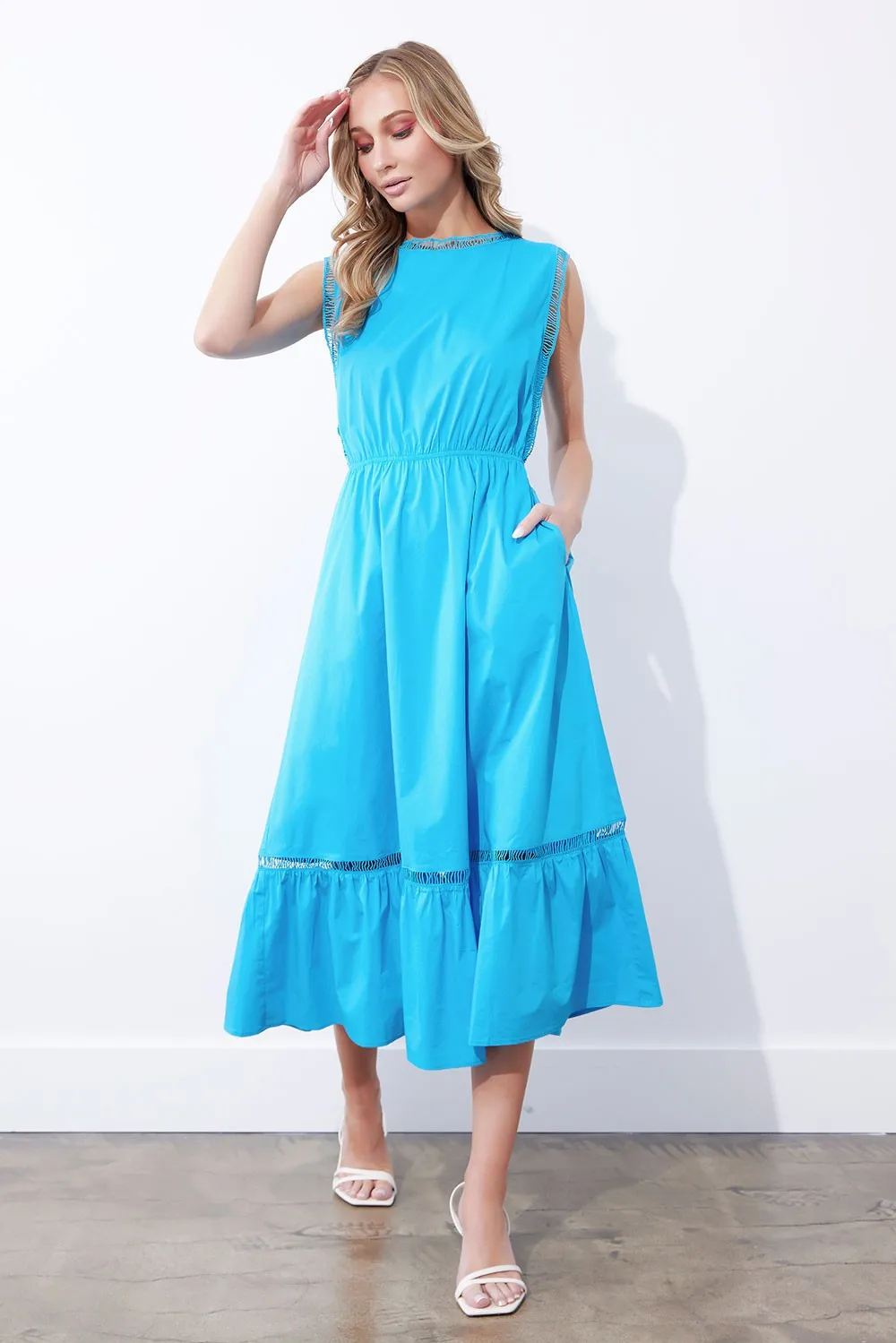 Hawaiian Blue Ladder Trim Detail Poplin Dress