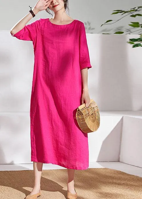 Italian rose linen dresses o neck half sleeve Maxi summer Dresses