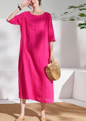 Italian rose linen dresses o neck half sleeve Maxi summer Dresses