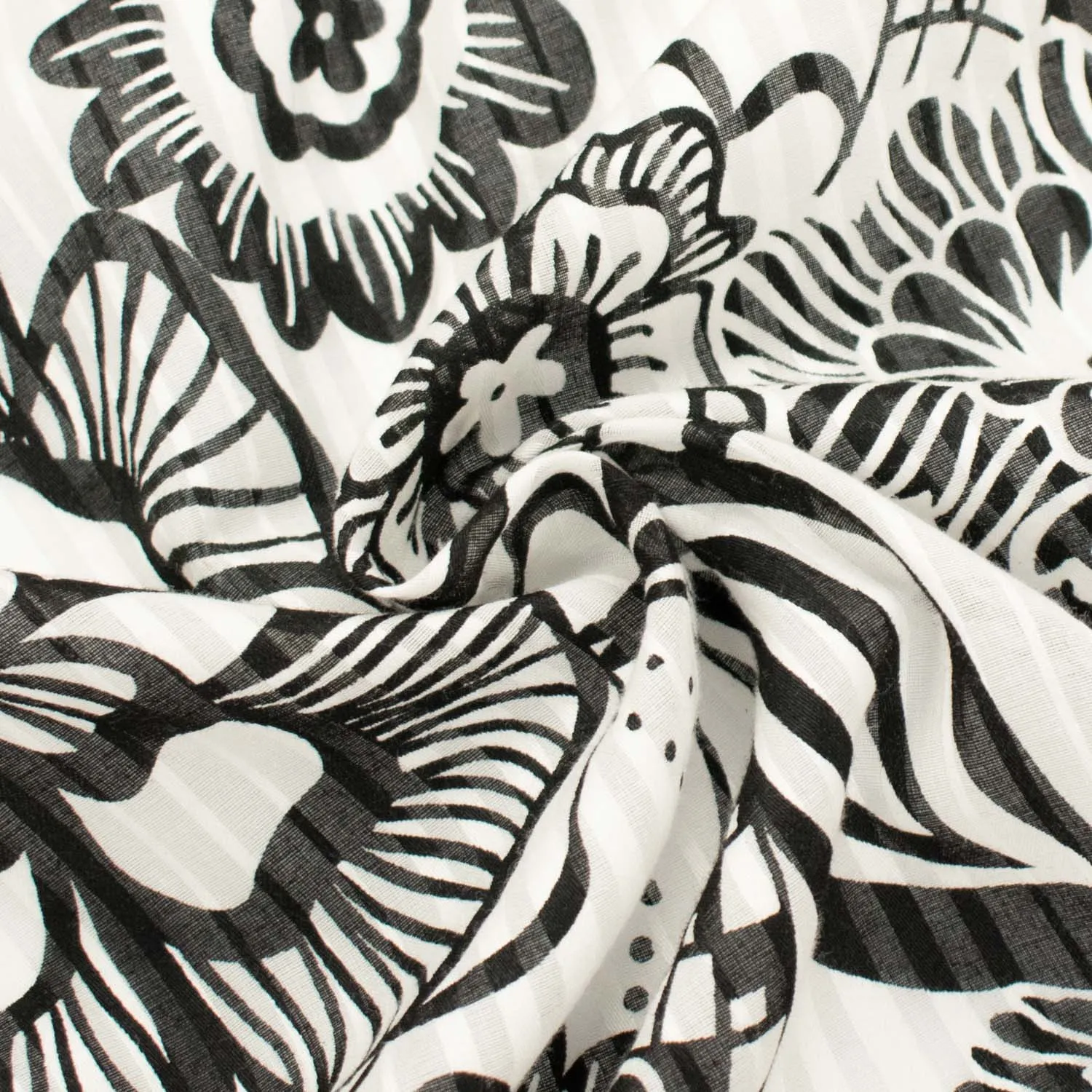 Japanese Cotton Prints Black & White Florals Design-12