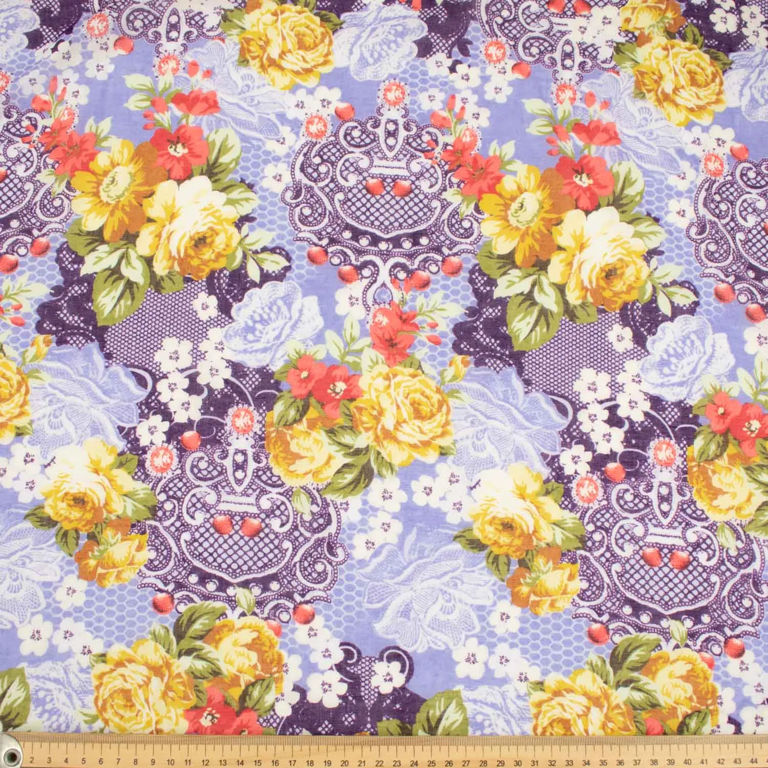 Japanese Pure Cotton Lawn Prints Design-155 Yellow & Red Flowers on Purple