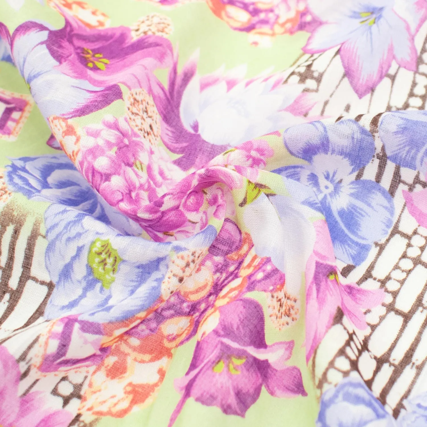 Japanese Pure Cotton Lawn Prints Design-173 Pink Hydrangea & Blue Flowers on Pale Green