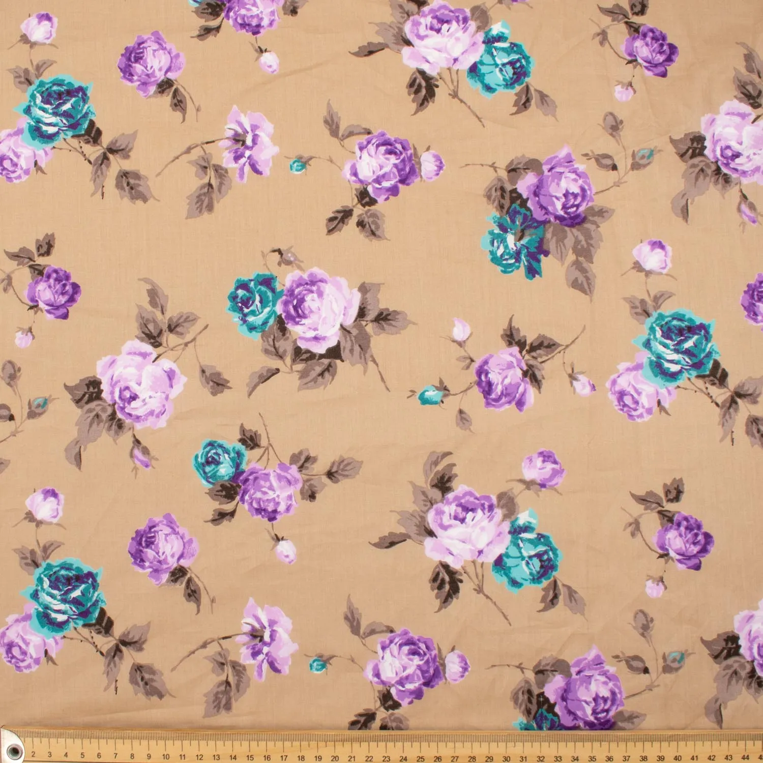 Japanese Pure Cotton Lawn Prints Design-179 Blue & Purple Roses on Latte