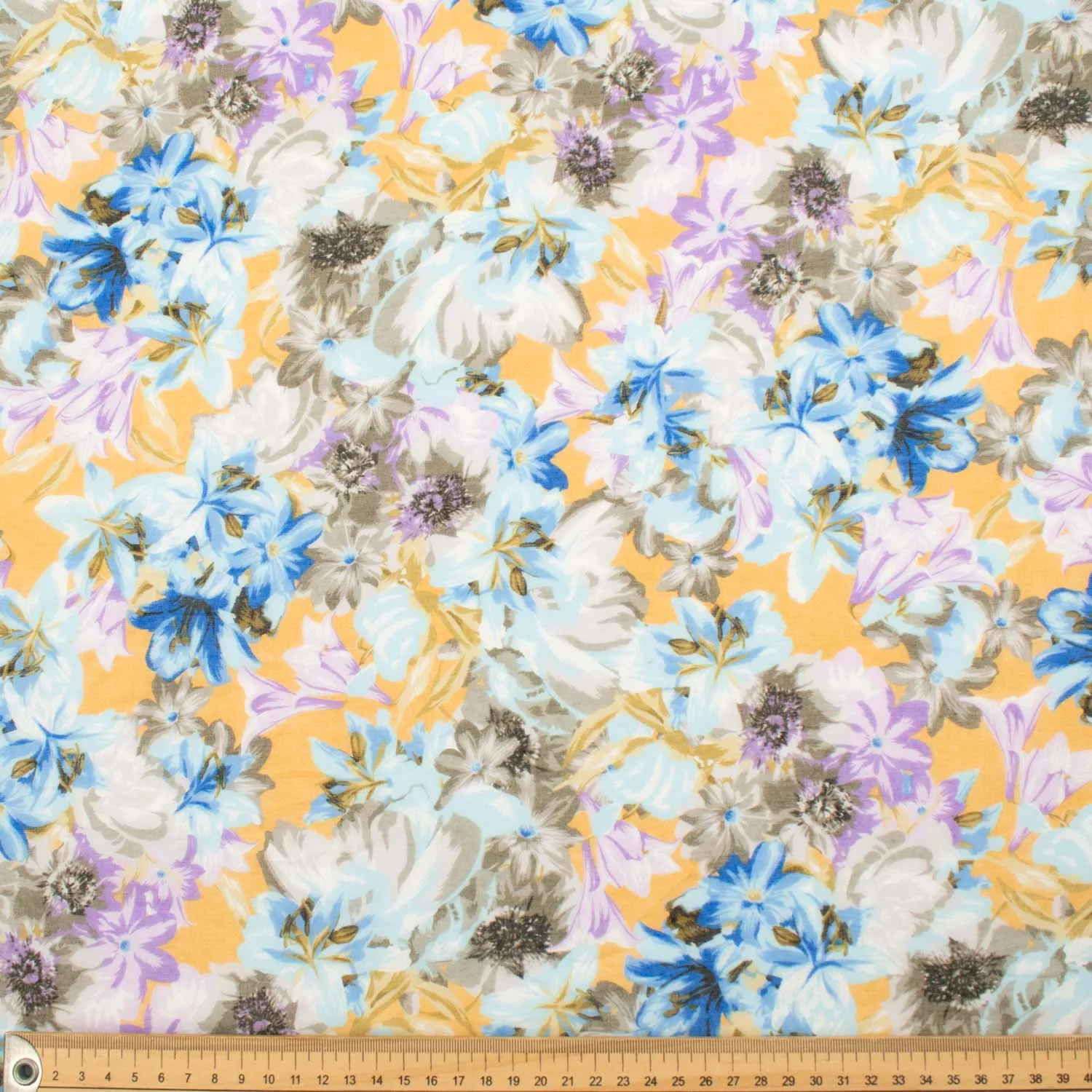 Japanese Pure Cotton Lawn Prints Design-207 Large Blue & Purple Flowers on Orange