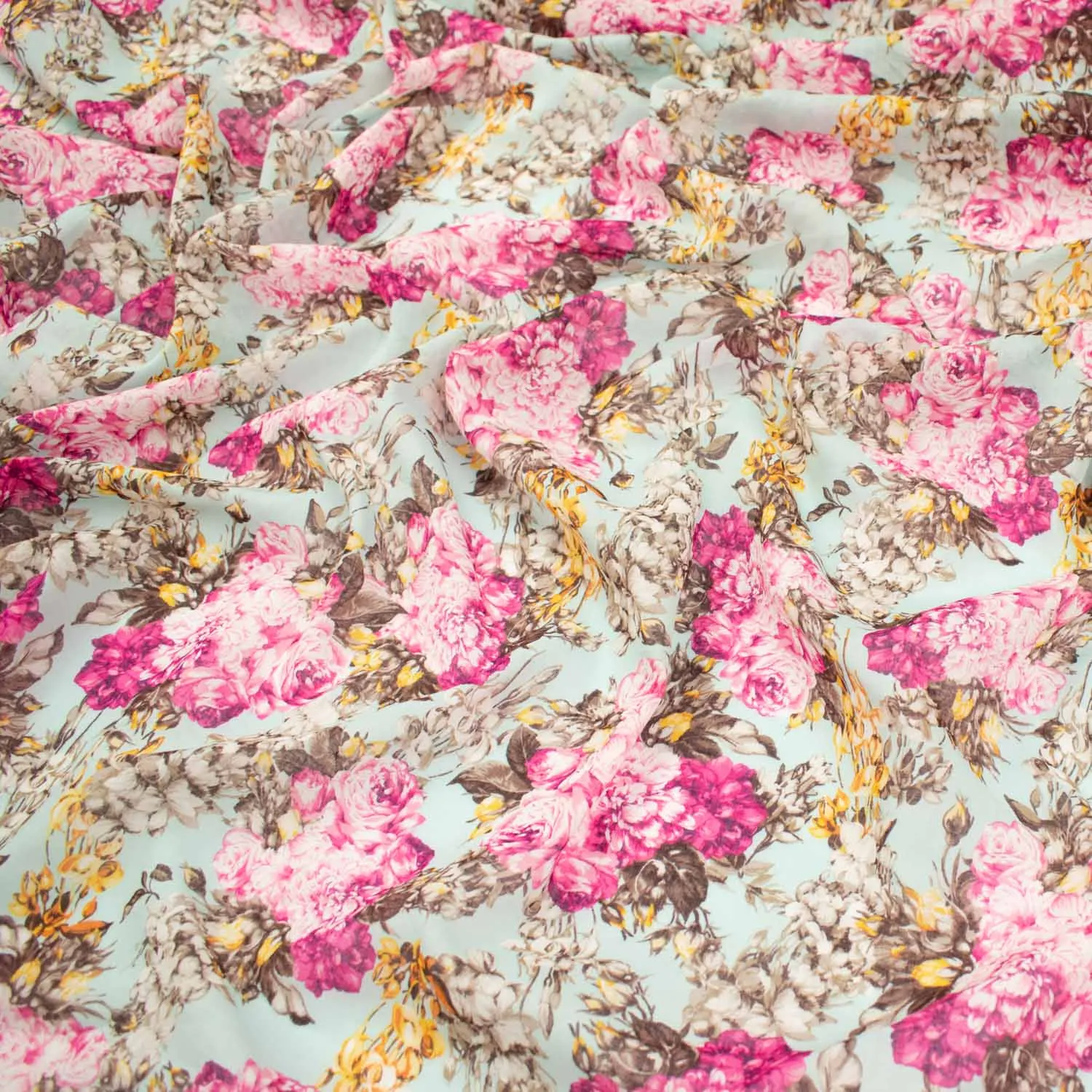 Japanese Pure Cotton Lawn Prints Design-221 Cerise Pink & Grey Florals on Teal