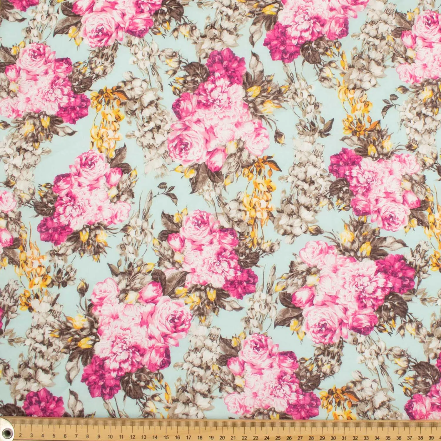 Japanese Pure Cotton Lawn Prints Design-221 Cerise Pink & Grey Florals on Teal