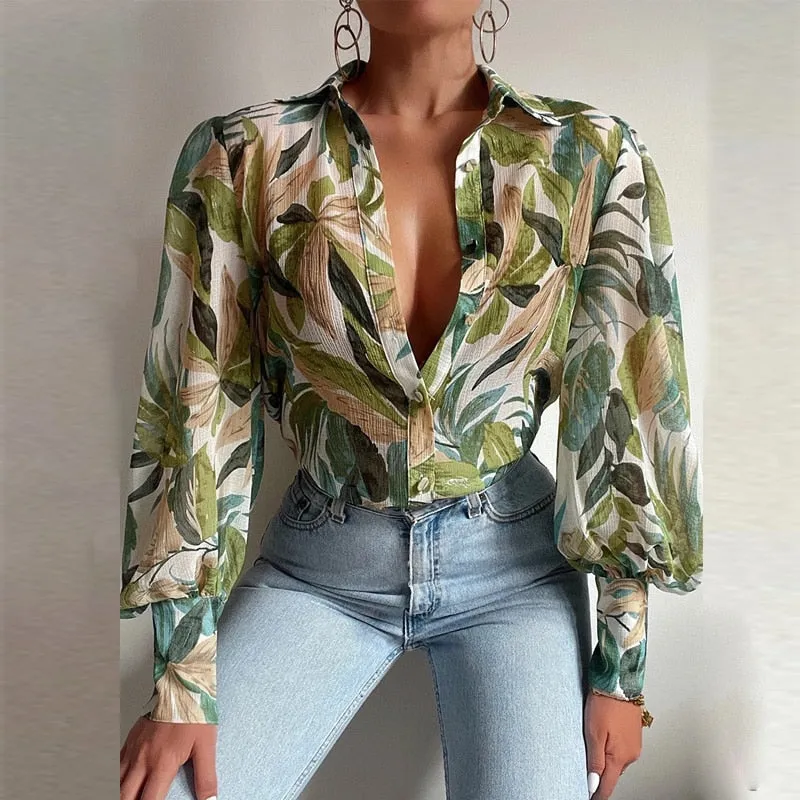 Joskaa Christmas Gift Elegant Retro Flower Print Lady Shirts Fashion Casual Turn-down Collar Commute Blouse Women New Button Lantern Sleeve Tops Blusa