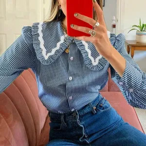 Joskaa Christmas Gift QWEEK Vintage Plaid Shirt Women Button Up Collared Shirt Long Sleeve Top Ladies Blue Cottagecore Blouse Elegant Casual Cotton