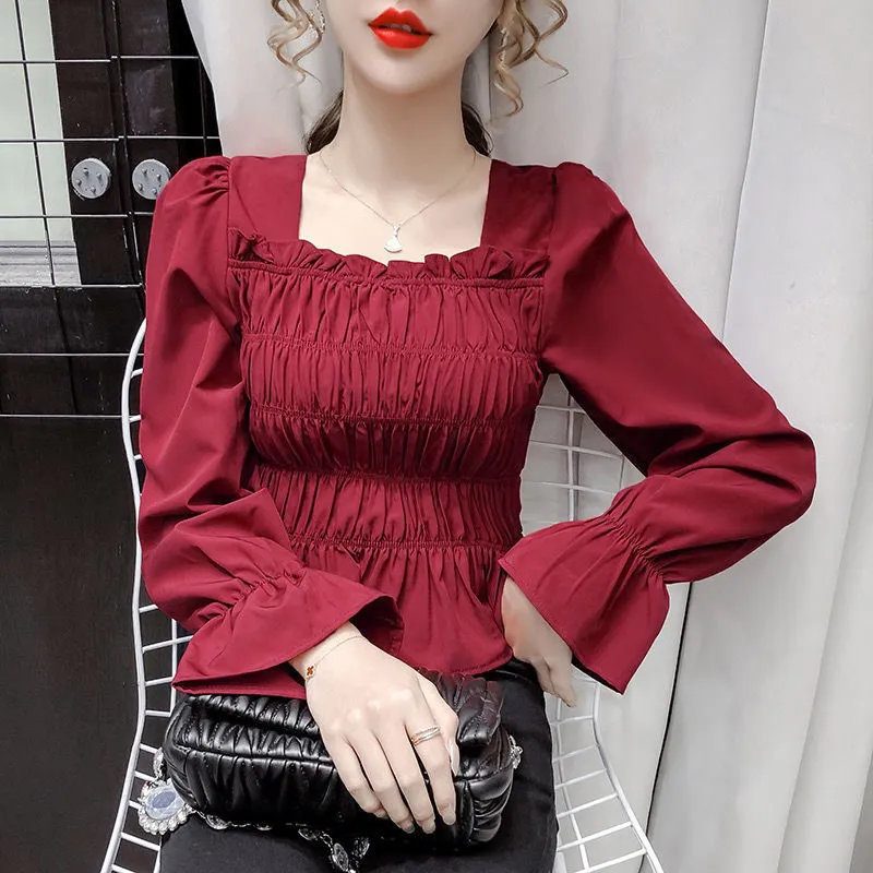 Joskaa Christmas Gift Women Blouses Pleated Front Solid Flare Sleeve Square Collar Elegant Shirts Korean Style Fashion Fit Pullover Female Tops Simple