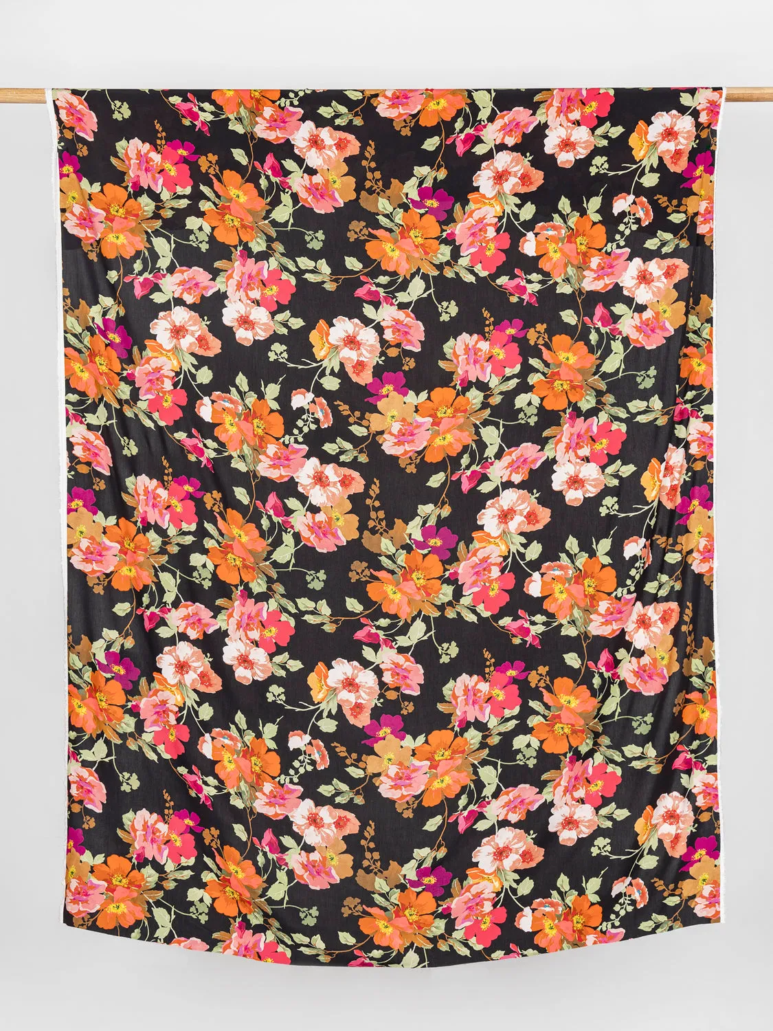 Large Poppy Floral Print Viscose Challis - Black   Red   Orange